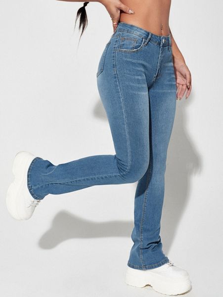 

slant pocket flare leg jeans b2za#, Blue