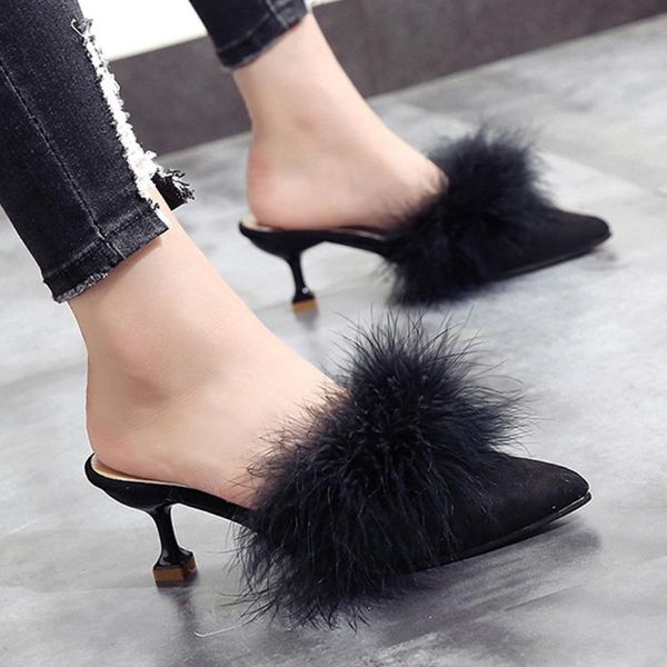 

slippers women's pointed toe lazy furry middle heel sinlge shoes woman fashion casual high heeled, Black