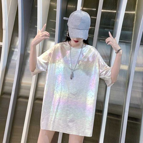 Casual Loose Ladies Sparkle Glitter T-shirt Club Laser Top Harajuku Allentato Casual Punk Donna Camicie O-Collo Streetwear 904-B126 T200613