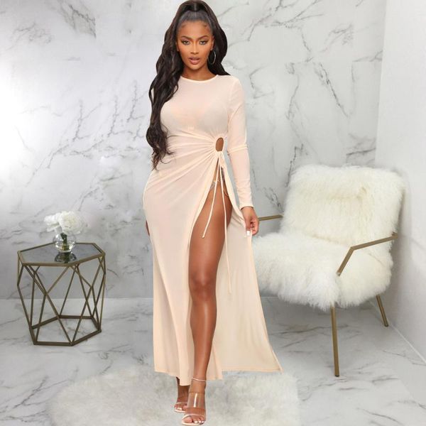 

casual dresses side hollow ruched drawstring split dress women long sleeve sun protection vestidos fashion mujer elastic hight, Black;gray