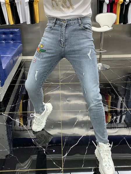 

s jean homme thin fashion light of men skinny 2021 spring embroidered denim jeans, Blue