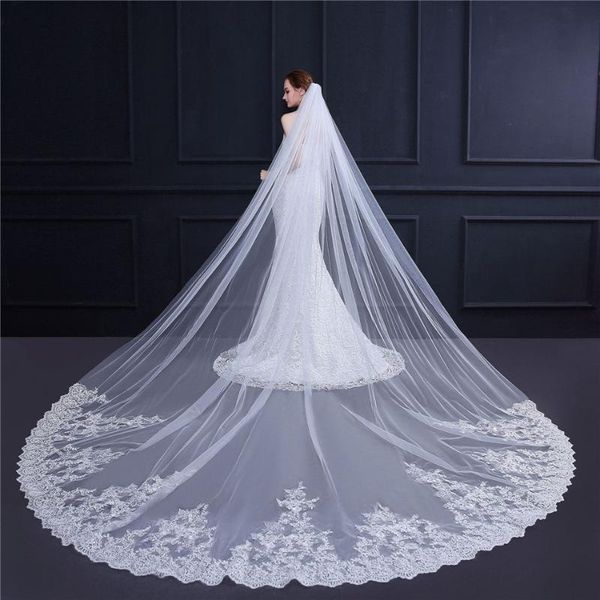 

bridal veils white ivory cathedral lace appliques wedding with comb formal 3.5m long women headpieces bride's veil, Black