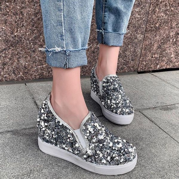 

dress shoes brand glitter wedge women high heels slip on casual for spring autumn ladies, Black