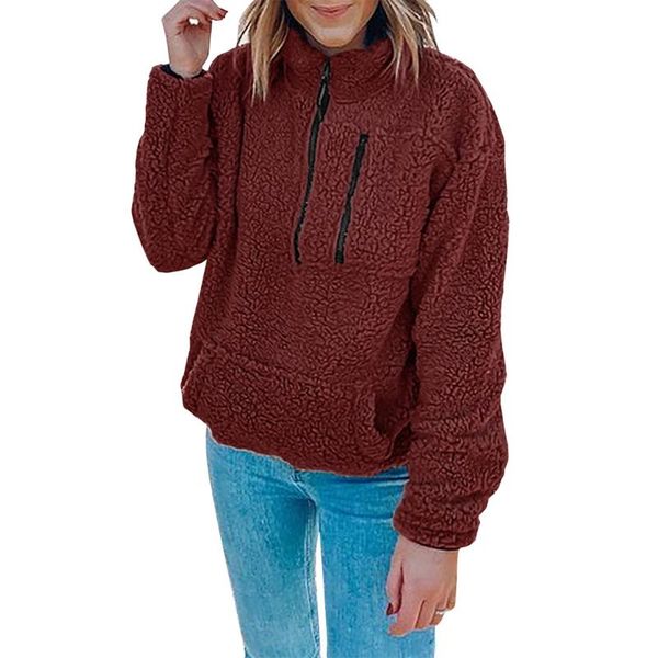 

women's hoodies & sweatshirts women imitation lamb pullover 2021 autumn winter solid color long sleeve round neck with pocket clothing, Black