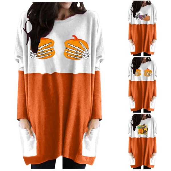 

women's t-shirt halloween lantern pumpkin printing shirt face costume long sleeves autumn female long-sleeved, White