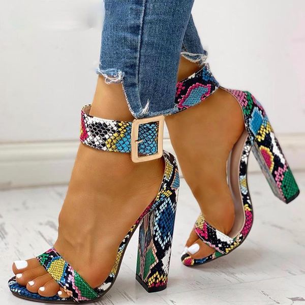 

dress shoes 2021 summer women snakeskin ankle buckled sandals chunky heeled open toe leopard party, Black