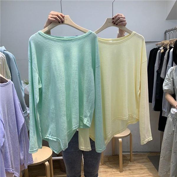 

women's t-shirt summer women thin asymmetrical oversized tee tunic long sleeve plain ultra soft crewneck loose casual t shirt, White