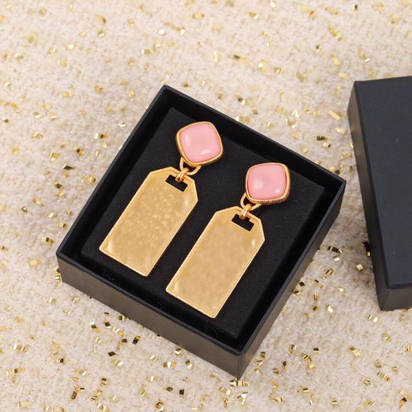 

special stud earring with square shape and pink nature stone drop charm jewelry gift for women wedding, Golden