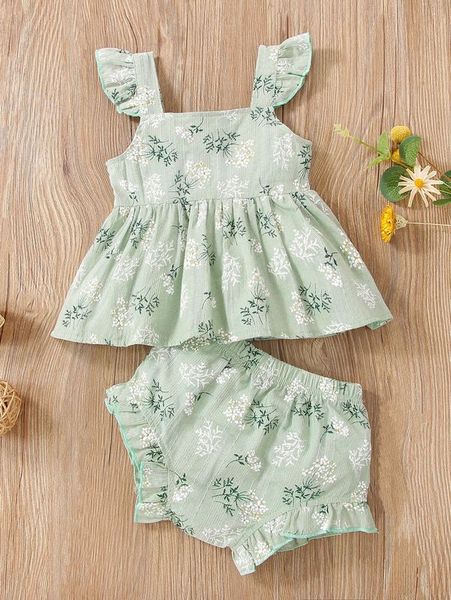

baby plant print ruffle trim peplum & shorts she, White