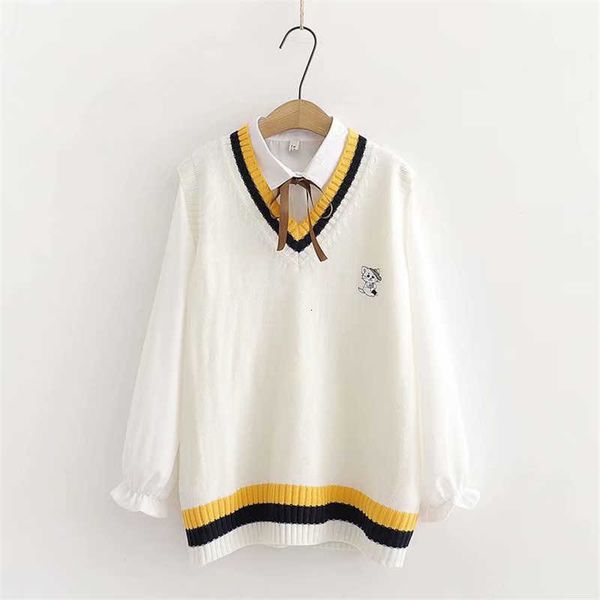 

women's sweaters autumn korean cute knitted vest sweater women school girl v neck kawaii sleeveless student embroidered cat casual, White;black