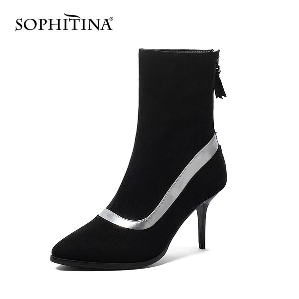 

sophitina heeled ankle boots for women fashion bootie zipper short plush warm shoes autumn winter women's shoes po763 210513, Black