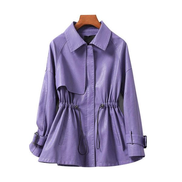 

women's leather & faux spring black short jacket women drawstring long sleeve zipper fall 2021 soft pu jackets 4xl e262