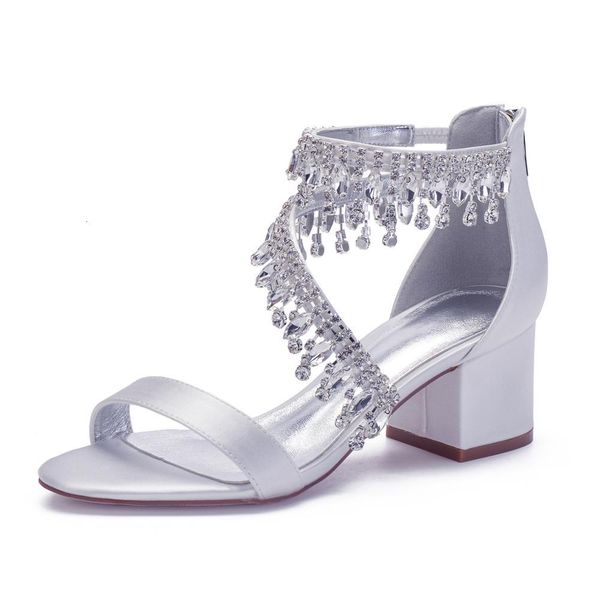 

sandals satin evening dress sandals summer bridal wedding shoes with crystal tassel thick block heels for party prom brithday wome, Black