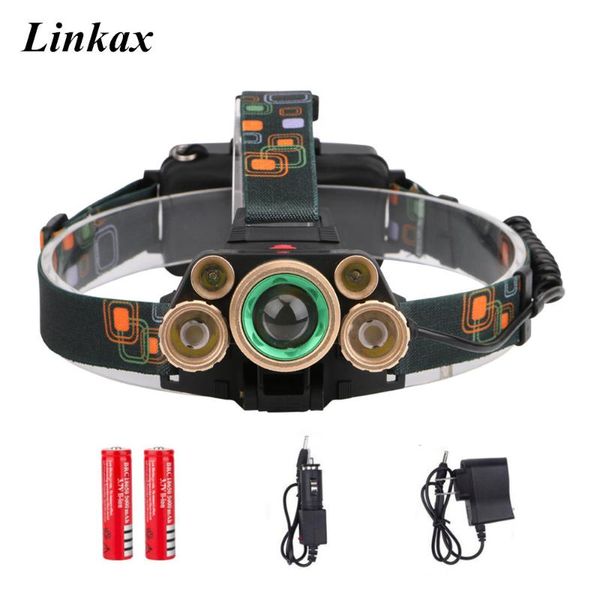 

t6+xpe led head lamp 8000lm zoomable headlamp 5leds headlight tube torch +car charger+18650 batteries headlamps