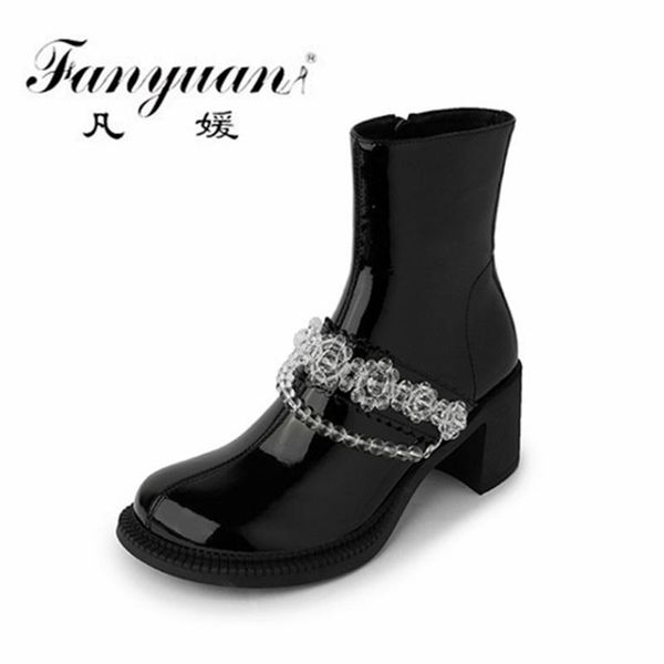 

boots fanyuan crystal decoration genuine leather women ankle 2021 autumn winter concise high heels shoes woman, Black
