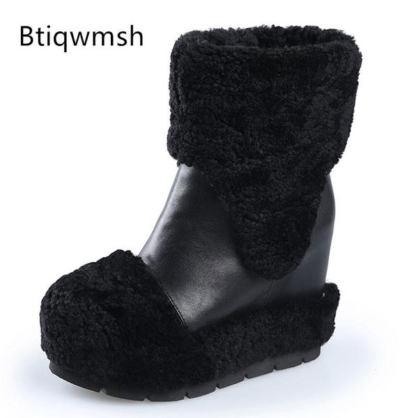 

boots wool fur platform wedges snow women black white soft leather 11cm high heels shoes woman warm ankle winter