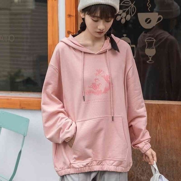 

college style lovely printed women's 2021 autumn new pullover student loose hoodie, Black
