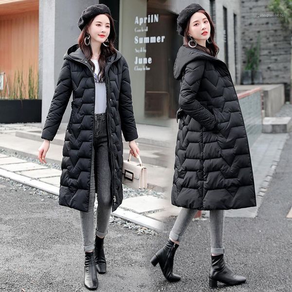 

women's down & parkas cotton-padded coat women long 2021 winter korean style slim hooded thickened jacket solid elegant manteau femme h, Black