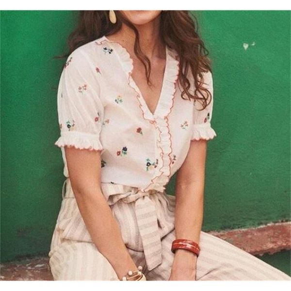 

shirt 2021 summer 100% cotton flower printing women shirts blouse hiwc, White