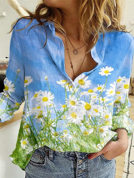 

women's blouses & shirts 2021 oversized women blouse fashion long sleeve ladies casual turn down collar shirt vintage floral print but, White