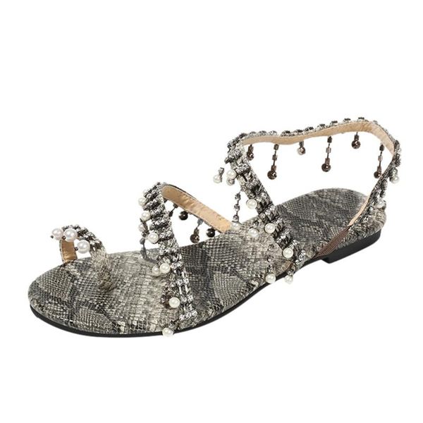 

sandals sagace women ladies retro large size breathable flat beach shoes snake print pearl designer luxury roman style, Black