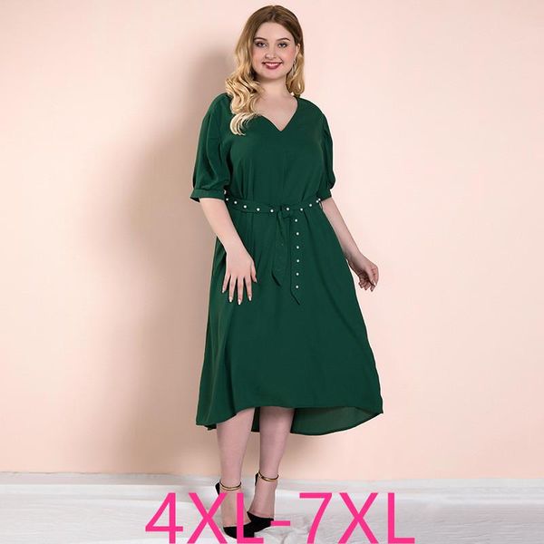 

plus size dresses 2021 summer for women large loose casual short sleeve belt green v-neck long dress 4xl 5xl 6xl 7xl, Black