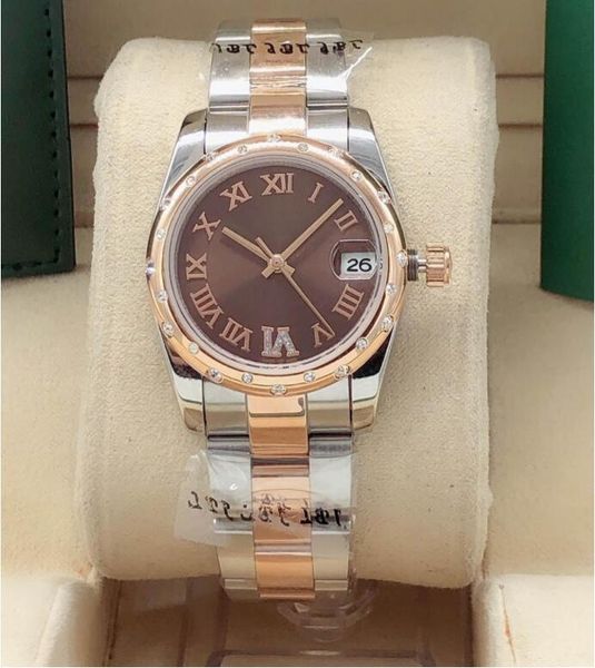 

ladies mechanical watch 31mm 6 digits diamond automatic movement stainless steel strap waterproof watches, Slivery;brown