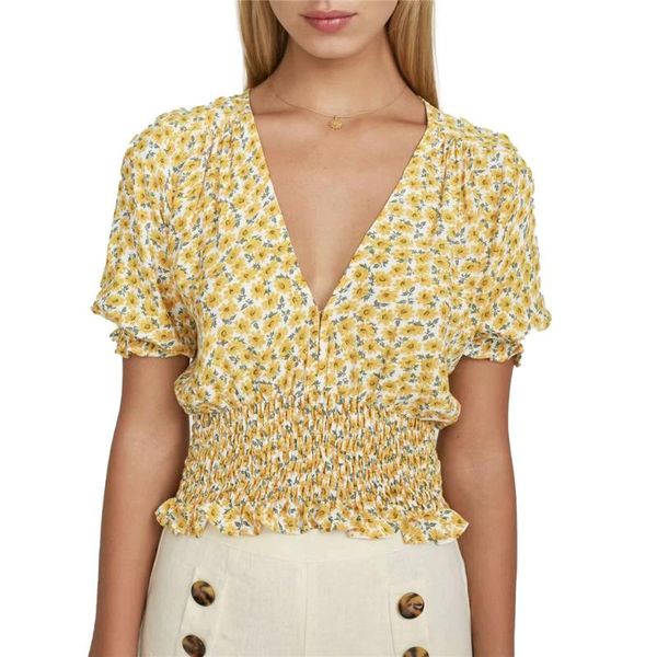 

women's t-shirt fashion casual women slim female crop girls flower print v-neck short sleeve pullover t shirt summer autumn, White