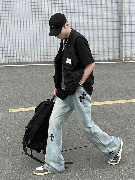 

brand crosin quality chomehearts high street ch cro cross jeans men's hip hop vibe loose straight flared pants, Blue