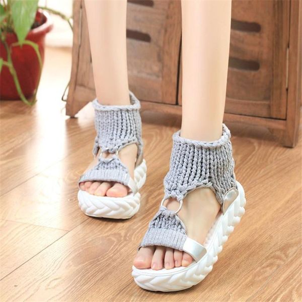 

casual women flats sandalias fashion knit peep toe summer gladiator round buckle girls outdoor beach sandala shoes rope sandals, Black