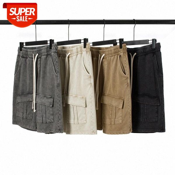 

washed distressed loose drawstring multi-pocket shorts men's sports five-point pants #qk6t, Black