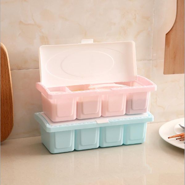 

storage bottles & jars spice jar seasoning four grid kitchen bottle pink blue salt pepper cumin powder box tools drop ship