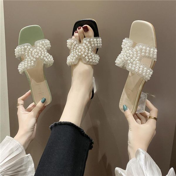 

slippers chaussures femme ete 2021 open toe women square head pearls summer outdoor low-heels classic slides, Black