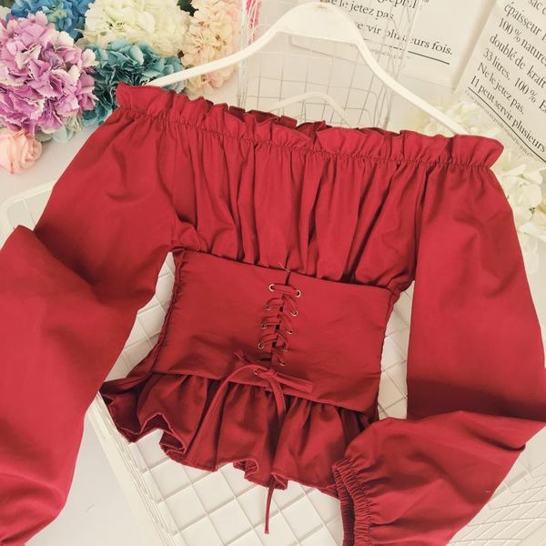 

women's blouses & shirts club party blouse women spring summer autumn long sleeve off shoulder backless bandage waist crop blusas, White