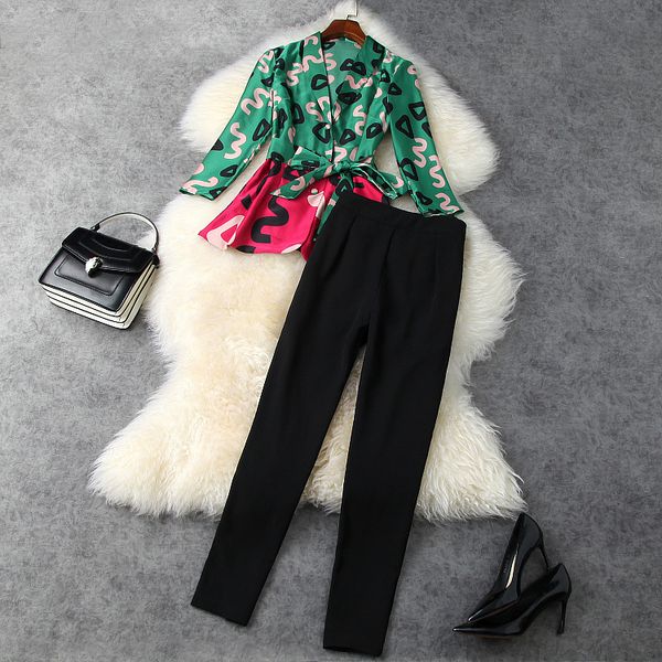 

women's two piece pants european and american women's clothing spring printed shirt cropped sleeves bow nine minutes of pants fash, White