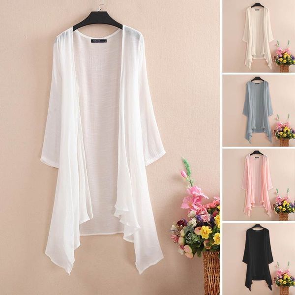

blouses elegant solid cardigans women's summer blouse cover up casual long sleeve asymmetrical oversized beach kimono, White