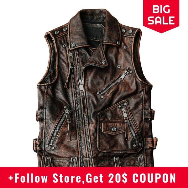 

men's vests 2021 retro brown biker style genuine leaher vest men plus size 4xl real cowhide spring slim fit motorcycle, Black;white