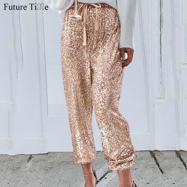 

women's pants & capris future time gold sequin shiny wide beam leg women casual christmas party harem high waist trousers streetwear sp, Black;white