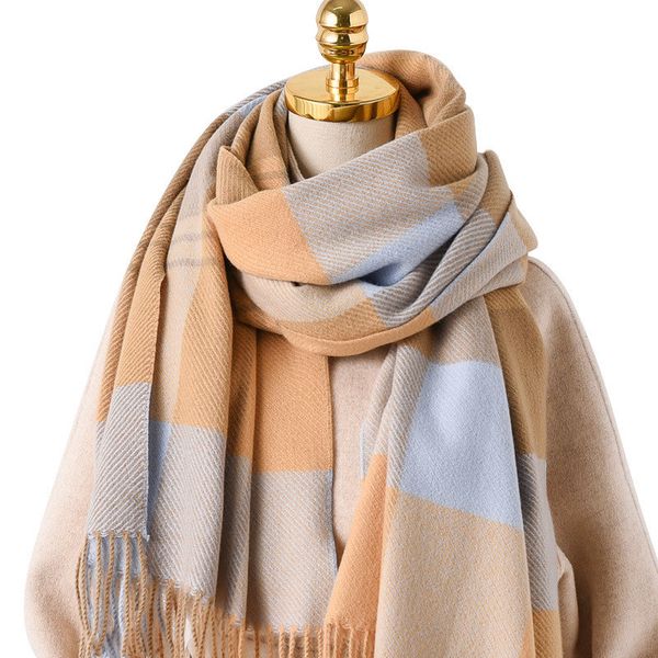 

plaid imitation cashmere tartan scarf women winter thick tassel shawl gold soft cashmere warm scarf 200*70cm, Blue;gray