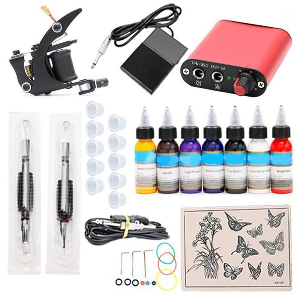 

tattoo kit 7 colors inks 1 wrap coils machines grips needles power supply for beginner accessories set1