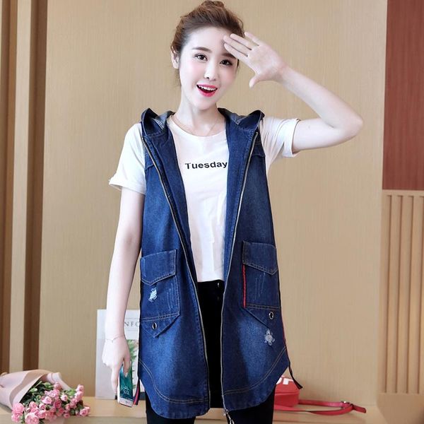 

women's vests long denim waistcoat women spring autumn sleeveless hooded vest plus size 5xl hole casual jacket female chalecos para muj, Black;white