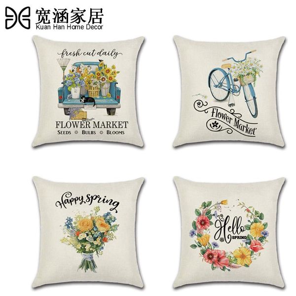 Capas de travesseiro floral de algodão com tema de primavera nórdica Capas de almofadas de bicicleta decorativa de almofada de bicicleta de casamento de casamento de casamento 45x45cm Cushion/Deco