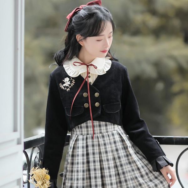 

japanese student uniform women preppy style black short coat spring 2021 embroidery chic v-neck elegant jacket vestido women's jackets, Black;brown