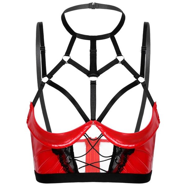 

women halter bra lingerie latex exotic tank pole dancing costumes punk clothes faux leather underwire unlined bras sets, Red;black