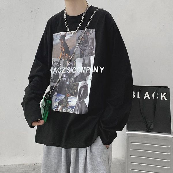 

men's t-shirts qiwn autumn long-sleeved t-shirt casual retro shirt loose anime white tee oversized t shirts, White;black