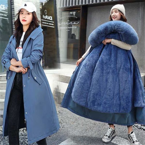 

fitaylor winter long coat women warm thickness hooded parkas plus size large fur collar embroidery jackets padded coats 211216, Black
