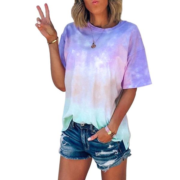 

women's t-shirt female tie-dye gradient rainbow print summer loose round neck harajuku short-sleeved women top, White