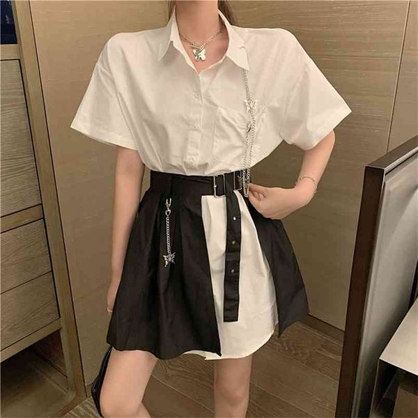 

women 2 piece set summer white turn down collar cotton long shirt + high waist pleated mini skirts casual suit 210519