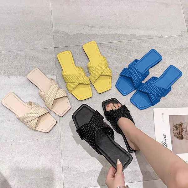 

slippers candy color braiding women's leather open-toe mules flat-heeled shoes slip-on fashion casual outdoor summer, Black