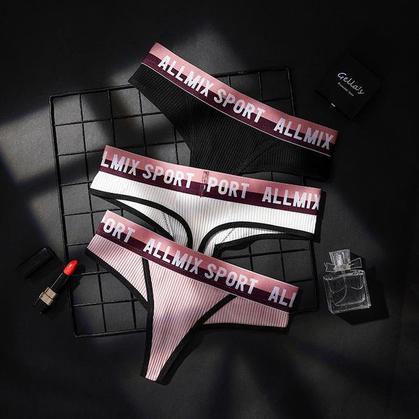 

women's panties underwear contrast sports thread cotton letter wide waist low seamless thong briefs plus size, Black;pink